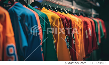 The colorful jerseys of the hockey teams hanging on hooks on the wall waiting to be worn The colorful jerseys of the hockey teams hanging on hooks on the wall waiting to be worn 119724416