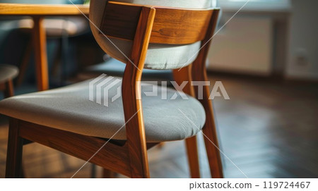 A chair with a cushioned seat and wooden frame pulled up to the desk 119724467