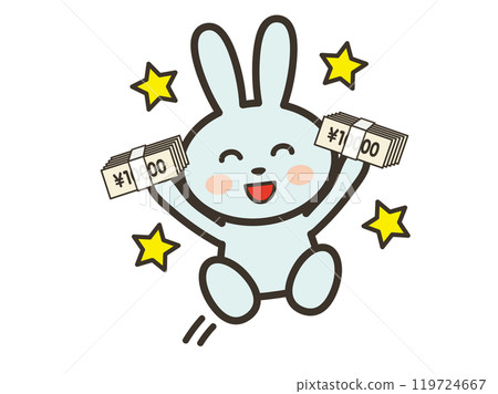 Illustration of a cute rabbit jumping with joy after receiving a large sum of money Illustration of a cute rabbit jumping with joy after receiving a large sum of money 119724667