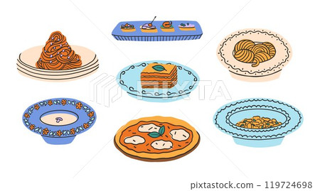 Set of Italian dishes. Pasta, lasagna, pizza with mozzarella, gnocchi. Vector illustration in modern style Set of Italian dishes. Pasta, lasagna, pizza with mozzarella, gnocchi. Vector illustration in modern style 119724698
