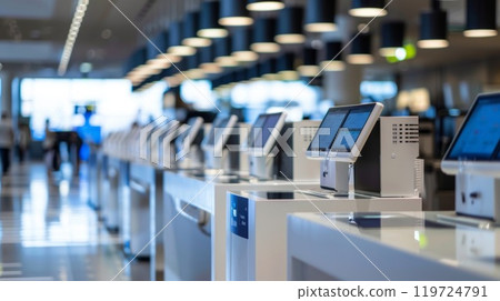A row of ticket counters adorned with sleek white counters and modern computer screens stands ready to assist passengers in their travels 119724791