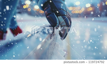 A closeup of a skaters hands tightly gripping the rail as they glide across the ice 119724792