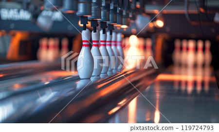 Closeup of the pins being reset after a strike or spare with the pinsetter in motion 119724793