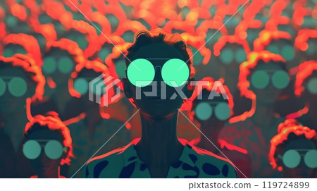 A person standing in a crowded room their goggles allowing them to isolate and see individual people 119724899