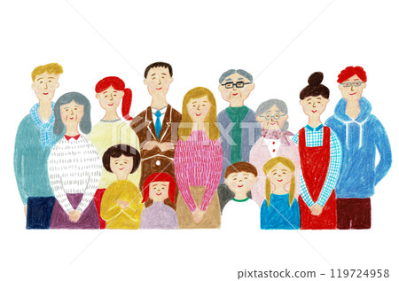 Hand-drawn illustrations: Smiling people of all ages 119724958