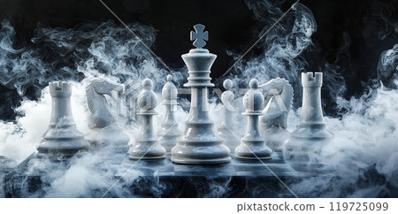Set of chess pieces element stating on chessboard, queen rook. Cinematic lighting. Leadership, teamwork, partnership, business strategy, and decision concept. Generative Ai. 119725099