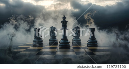 Set of chess pieces element stating on chessboard, queen rook. Cinematic lighting. Leadership, teamwork, partnership, business strategy, and decision concept. Generative Ai. 119725100