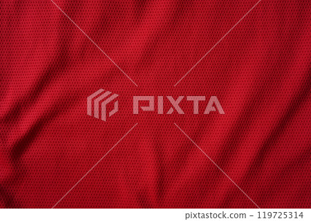 Close up of red football jersey sports clothing fabric texture. 119725314