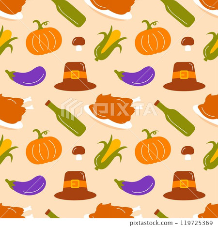 Festive Thanksgiving Day Seamless Pattern Template with Flat Style Cartoon Elements Illustration Festive Thanksgiving Day Seamless Pattern Template with Flat Style Cartoon Elements Illustration 119725369