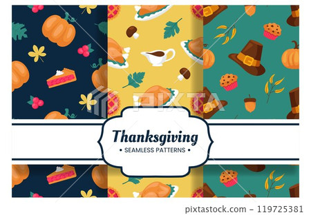 Festive Thanksgiving Day Seamless Pattern Template with Flat Style Cartoon Elements Illustration 119725381