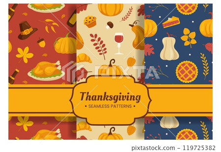 Festive Thanksgiving Day Seamless Pattern Template with Flat Style Cartoon Elements Illustration Festive Thanksgiving Day Seamless Pattern Template with Flat Style Cartoon Elements Illustration 119725382