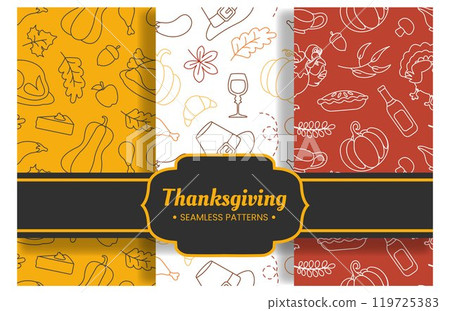 Festive Thanksgiving Day Seamless Pattern Template with Flat Style Cartoon Elements Illustration 119725383