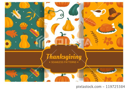Festive Thanksgiving Day Seamless Pattern Template with Flat Style Cartoon Elements Illustration Festive Thanksgiving Day Seamless Pattern Template with Flat Style Cartoon Elements Illustration 119725384