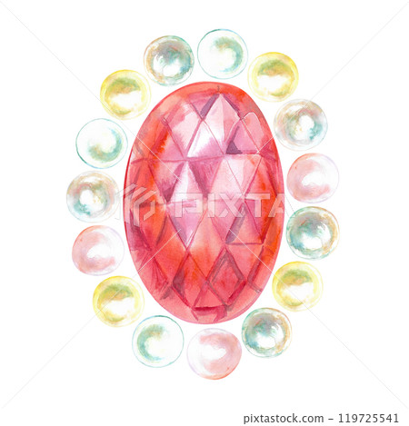 Crystal red gem surrounded with pearls hand-painted in watercolor. Brooch with precious faceted red oval shape stone pendant. Illustration drawn of mother-of-pearl sea pearls and red gemstones. Can be Crystal red gem surrounded with pearls hand-painted in watercolor. Brooch with precious faceted red oval shape stone pendant. Illustration drawn of mother-of-pearl sea pearls and red gemstones. Can be 119725541