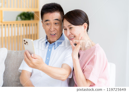 Senior couple looking at a smartphone in the living room 119725649