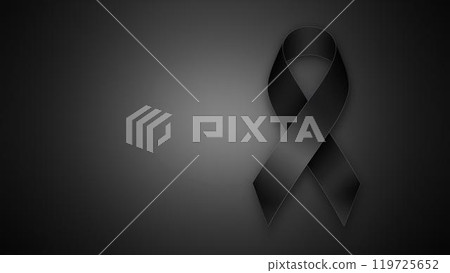 Mourning black ribbon on a gradient gray-black background, symbolizing grief. 119725652