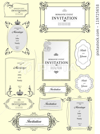 Collection of wedding invitation borders offering diverse design possibilities 119725658