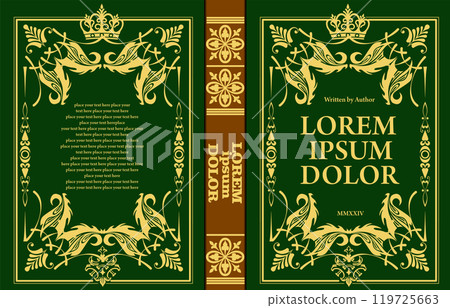 Elegant green and gold book cover design featuring crown and flourishes 119725663