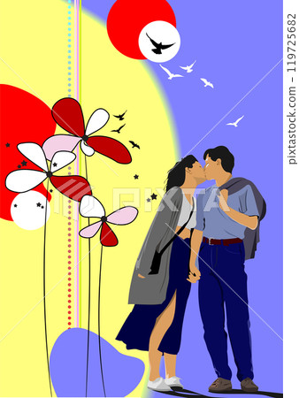 Man and woman kissing in front of a sunset Man and woman kissing in front of a sunset 119725682