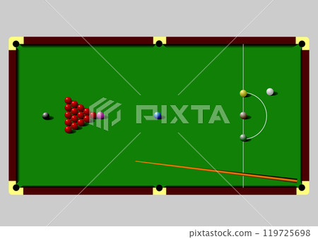 Snooker table with balls set up and cue resting on green baize 119725698