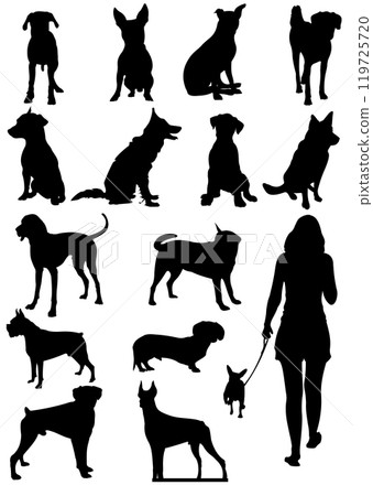 Dog breeds silhouettes set showing different positions 119725720