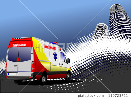 Ambulance driving on a street and passing by skyscrapers 119725721