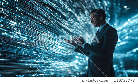 A businessman interacts with a neural network display, connecting with digital data flows around him. The concept of merging business intelligence with AI, innovation in data analysis. Generative AI. 119725778