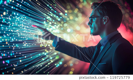 A businessman interacts with a neural network display, connecting with digital data flows around him. The concept of merging business intelligence with AI, innovation in data analysis. Generative AI. 119725779