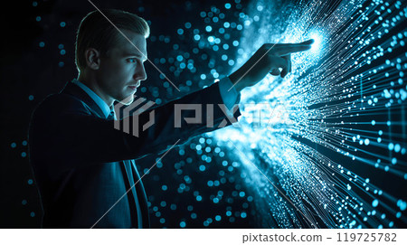 A businessman interacts with a neural network display, connecting with digital data flows around him. The concept of merging business intelligence with AI, innovation in data analysis. Generative AI. 119725782