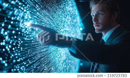 A businessman interacts with a neural network display, connecting with digital data flows around him. The concept of merging business intelligence with AI, innovation in data analysis. Generative AI. A businessman interacts with a neural network display, connecting with digital data flows around him. The concept of merging business intelligence with AI, innovation in data analysis. Generative AI. 119725783