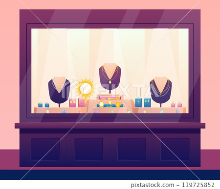 Cartoon Color Jewelry Shop Showcase with Necklaces on Mannequins, Rings with Diamonds and Earrings Concept Flat Design Style. Vector illustration Cartoon Color Jewelry Shop Showcase with Necklaces on Mannequins, Rings with Diamonds and Earrings Concept Flat Design Style. Vector illustration 119725852