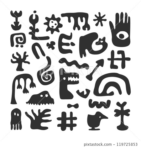 Black Art Creatures, Monster Shapes Set Doodle Figures for Community or Mythical Nightmares Concept Flat Design Style. Vector illustration Black Art Creatures, Monster Shapes Set Doodle Figures for Community or Mythical Nightmares Concept Flat Design Style. Vector illustration 119725853