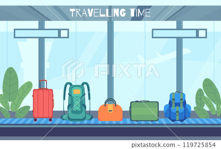 Cartoon Color Airport Departure Terminal with Baggage Conveyor Interior Inside Scene Concept Flat Design Style. Vector illustration Cartoon Color Airport Departure Terminal with Baggage Conveyor Interior Inside Scene Concept Flat Design Style. Vector illustration 119725854