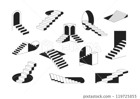 Geometric Monochrome Abstract Surreal Stairs with and Outline Elements Set Concept Flat Design Style. Vector illustration of Ladder and Door Portal Geometric Monochrome Abstract Surreal Stairs with and Outline Elements Set Concept Flat Design Style. Vector illustration of Ladder and Door Portal 119725855