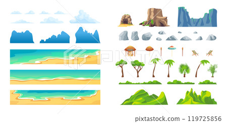 Cartoon Color Beach Landscape Constructor Different Elements Set Concept Flat Design Style. Vector illustration of Rock, Palm Tree, Sea and Sand Coast Cartoon Color Beach Landscape Constructor Different Elements Set Concept Flat Design Style. Vector illustration of Rock, Palm Tree, Sea and Sand Coast 119725856
