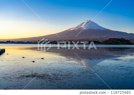 [Mt. Fuji material] Mt. Fuji seen from Lake Kawaguchi on a winter morning [Yamanashi Prefecture] 119725985
