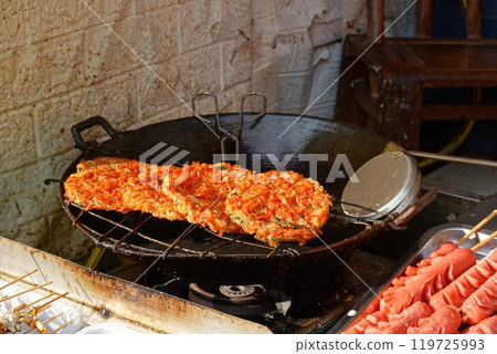 Meatballs and Hot dog fried street food in China Meatballs and Hot dog fried street food in China 119725993