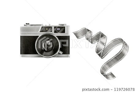 Retro camera,Photo film for analog camera in the form of hand drawn watercolor illustration in black and white graphics isolated on a white as a symbol of 80s,90s for stickers, posters, websites 119726078