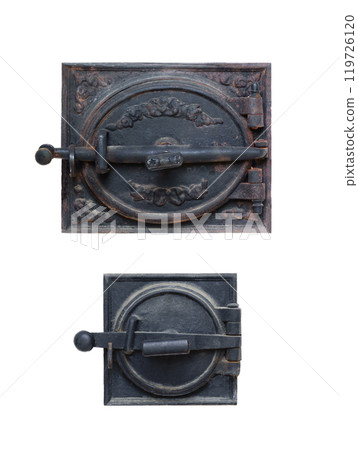 antique iron door for wood burning and soot removal isolated in white background antique iron door for wood burning and soot removal isolated in white background 119726120