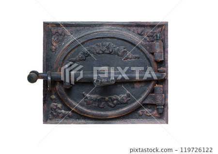 antique iron door for wood burning stove isolated on white background antique iron door for wood burning stove isolated on white background 119726122