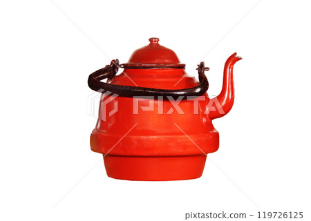 vintage red iron teapot isolated on white background 119726125