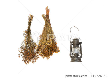 vintage still life of dried herbs and a lamp with a candle isolated on white background vintage still life of dried herbs and a lamp with a candle isolated on white background 119726130