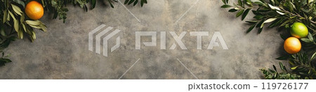 Festive sukkot background with citrus fruits and olive branches - perfect for celebration design 119726177