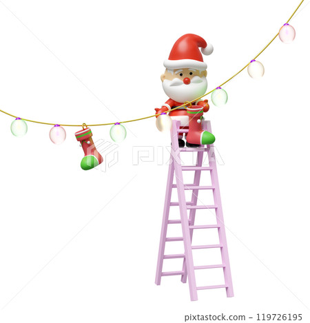 3d Santa decorated with glass lantern garlands isolated. merry christmas and happy new year, party banner concept, 3d illustration render 119726195