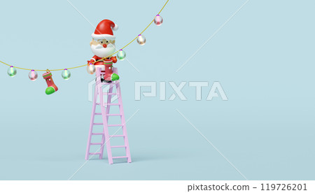 3d Santa decorated with glass lantern garlands isolated on blue background. merry christmas and happy new year, party banner concept, 3d illustration render 119726201