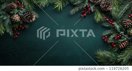 Christmas banner with space for text. New Year Background with Pinecones, Fir Branches, Berries Christmas banner with space for text. New Year Background with Pinecones, Fir Branches, Berries 119726205