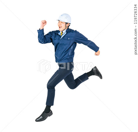 Jumping male worker - Full body photo PNG with transparent background precisely cut out by hand 119726334
