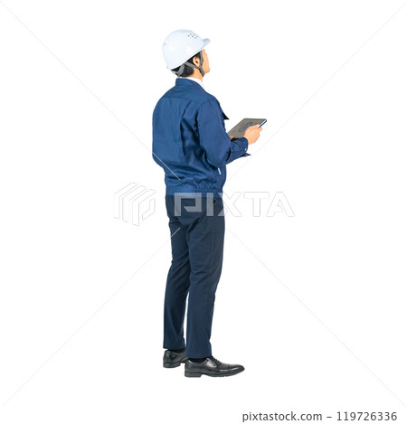 Male worker inspecting with a tablet. Full-body photo PNG with transparent background precisely cut by hand 119726336