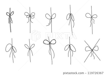 Simple bows on ribbon thin line, Bowknot for package. Set gift ribbon, doodle stroke minimal decoration. Present, package rope, wedding elements Simple bows on ribbon thin line, Bowknot for package. Set gift ribbon, doodle stroke minimal decoration. Present, package rope, wedding elements 119726367