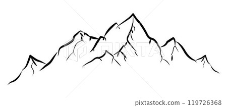 Mountain ridge, snowy peak, line wild nature. Hand drawn landscape, map line contour. Rocky mountains landscape design, icon. 119726368